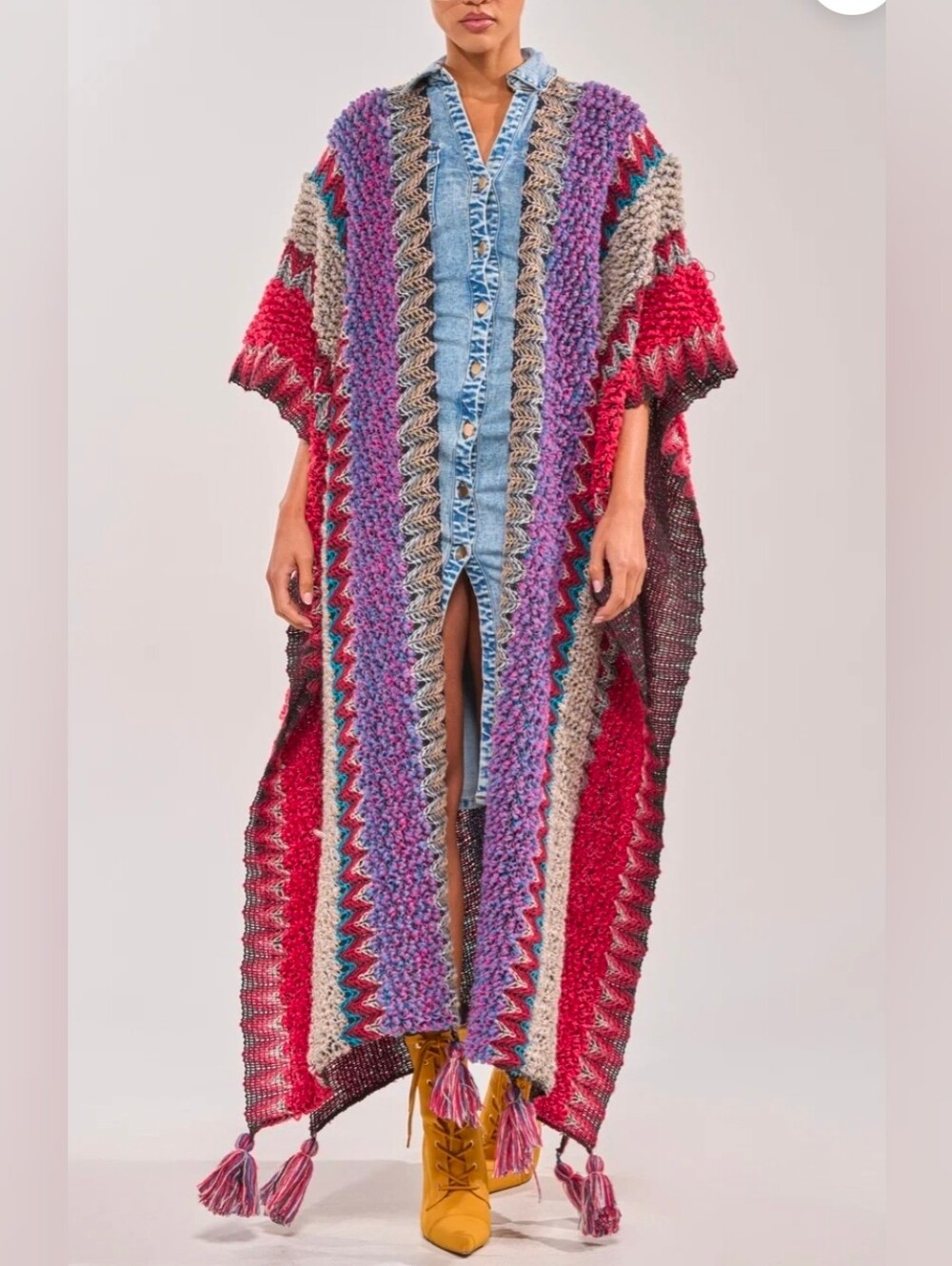 Multicolor Knit Maxi Poncho Coat - Pink / Purple O/S
